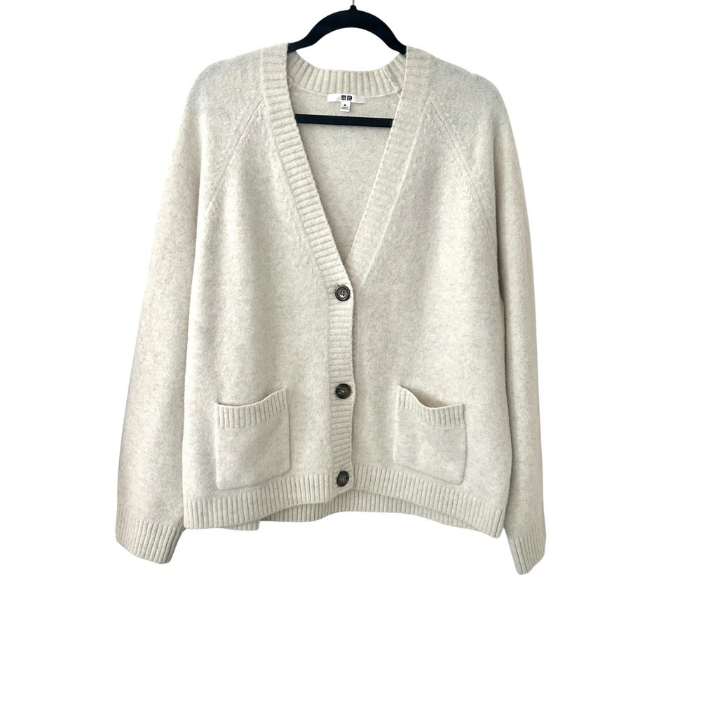 Uniqlo Women's Souffle Yarn Short Cardigan V-Neck Off White Size XL Soft Pockets